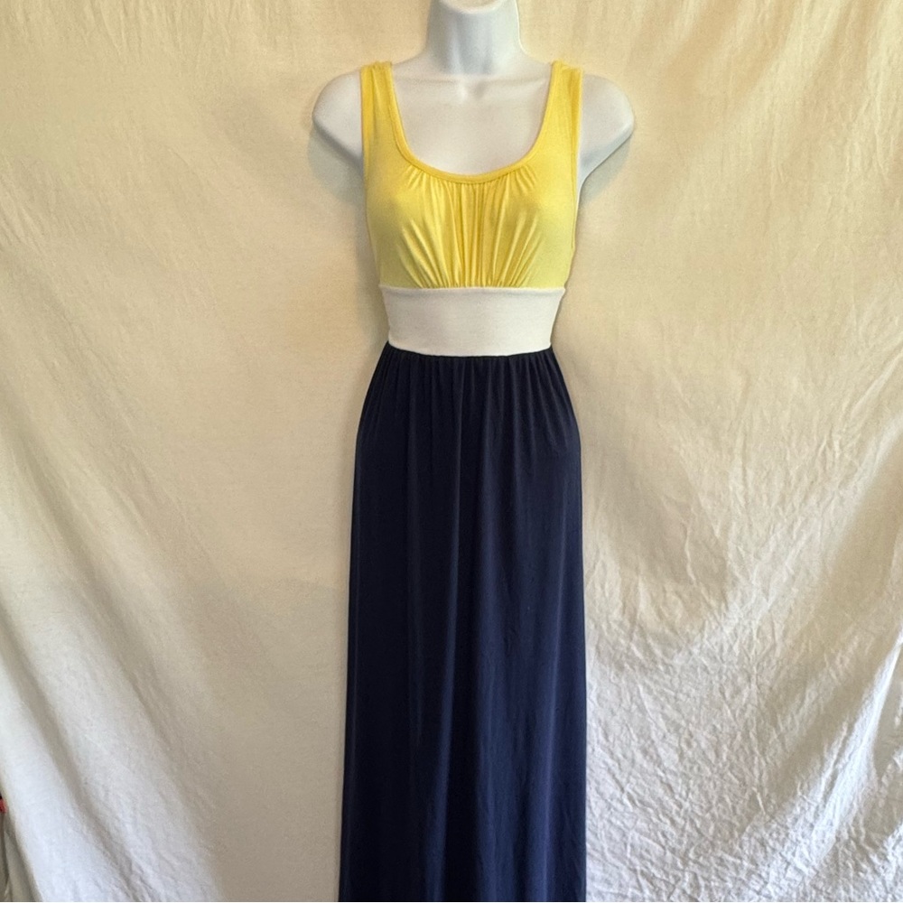 E-194 Mossimo Yellow Blue & White Sleeveless Maxi Dress Size M